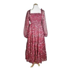 A Loves A Maxi Dress XS Smocked Metallic Thread Burgundy Gold Ruffle Tier